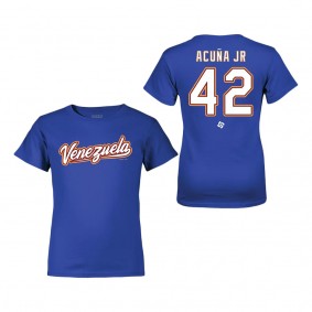 Youth Venezuela Baseball Ronald Acuna Jr. LEGENDS Royal 2023 World Baseball Classic Name & Number T-Shirt